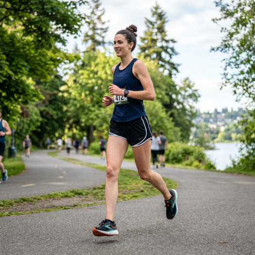 Woman in athletic wear running on a paved path in a park