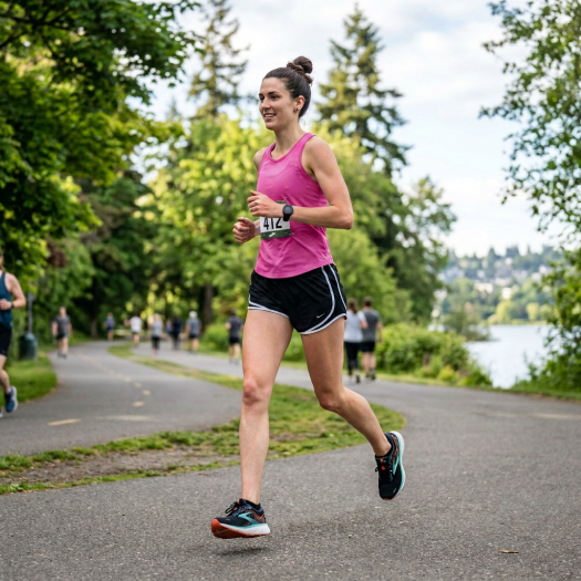 Woman in athletic wear running on a paved path in a park